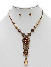 Vintage Inspired Victorian Style Filigree Necklace Set Peach Austrian Crystal