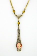 Victorian Style Linear Filigree Cameo Necklace- Corn