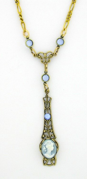 Victorian Style Linear Filigree 10x8 Blue Cameo Necklace