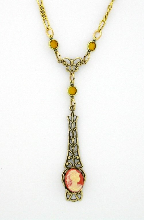 Victorian Style Linear Filigree 10x8 Corn Cameo Necklace