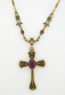 Victorian Style Crystal Cabochon Cross Necklace - Amethyst