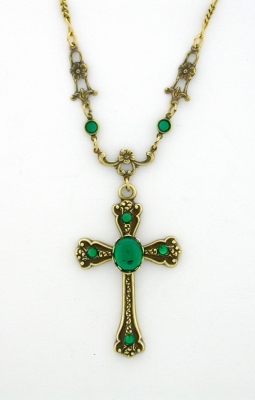 Victorian Style Crystal Cabochon Cross Necklace - Emerald