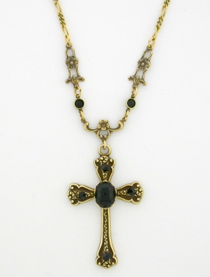 Victorian Style Crystal Cabochon Cross Necklace - Jet