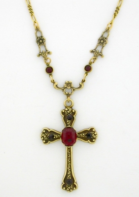 Victorian Style Crystal Cabochon Cross Necklace - Ruby