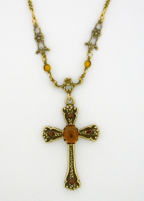 Victorian Style Crystal Cabochon Cross Necklace - Smoke Topaz