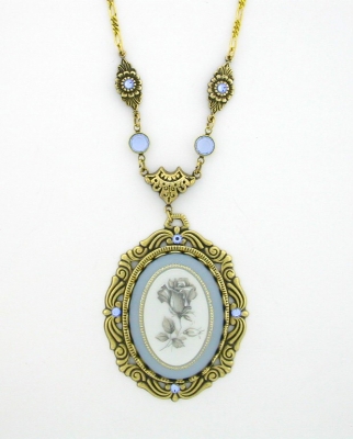 1928 Victorian Style 40x30 Blue Lalique/Rose Necklace