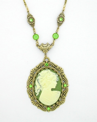 Victorian Style 40x30 Green Cameo Necklace