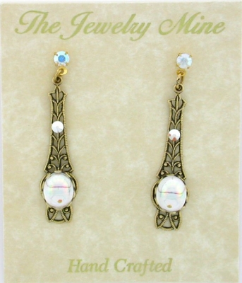 Victorian Style Linear Filigree Crystal Cabochon Earrings