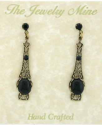 Victorian Style Linear Filigree Crystal Cabochon Earrings