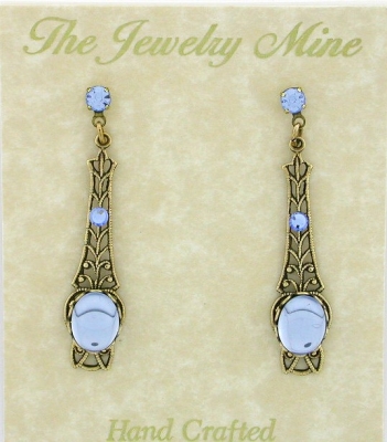 Victorian Style Linear Filigree Crystal Cabochon Earrings