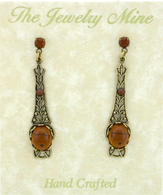 Victorian Style Linear Filigree Crystal Cabochon Earrings
