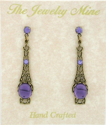 Victorian Style Linear Filigree Crystal Cabochon Earrings