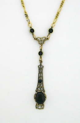 Victorian Style Linear Filigree 10x8 Black Crystal Cab Necklace