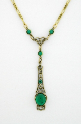 Victorian Style Linear Filigree 10x8 Emerald Crystal Cab Necklace