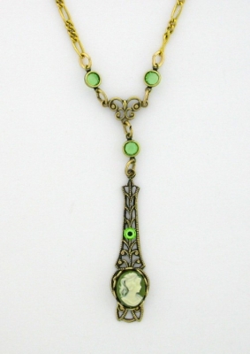 Victorian Style Linear Filigree 10x8 Green Cameo Necklace