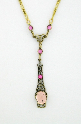 Victorian Style Linear Filigree 10x8 Lt. Pink Crystal Cab Necklace