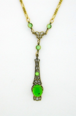 Victorian Style Linear Filigree 10x8 Peridot Crystal Cab Necklace