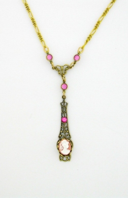 Victorian Style Linear Filigree 10x8 Pink Cameo Necklace