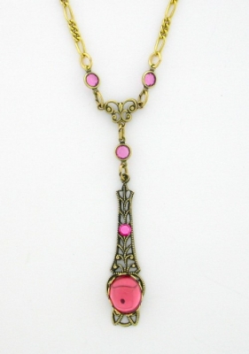 Victorian Style Linear Filigree 10x8 Pink Crystal Cab Necklace