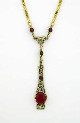 Victorian Style Linear Filigree 10x8 Ruby Crystal Cab Necklace