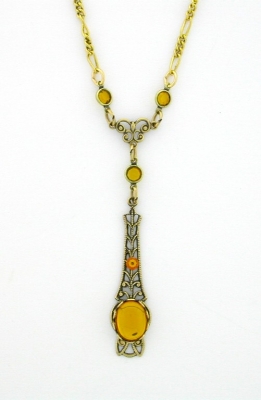 Victorian Style Linear Filigree 10x8 Topaz Crystal Cab Necklace