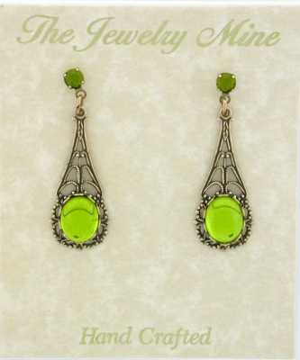 Victorian Style Crystal Cabochon Filigree Earrings - Olivine