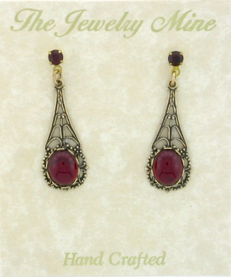 Victorian Style Crystal Cabochon Filigree Earrings - Ruby