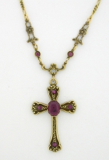 Victorian Style Crystal Cabochon Cross Necklace - Amethyst