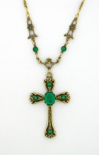 Victorian Style Crystal Cabochon Cross Necklace - Emerald