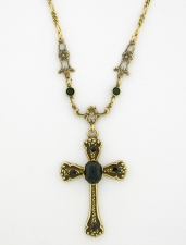 Victorian Style Crystal Cabochon Cross Necklace - Jet
