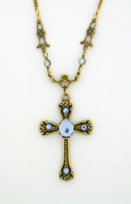 Victorian Style Crystal Cabochon Cross Necklace - Light Sapphire