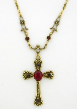 Victorian Style Crystal Cabochon Cross Necklace - Ruby