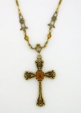 Victorian Style Crystal Cabochon Cross Necklace - Smoke Topaz