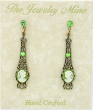 Victorian Style Linear Filigree Cameo Earrings - Green