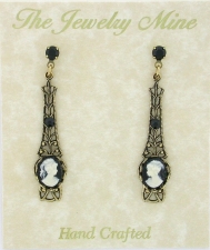 Victorian Style Linear Filigree Cameo Earrings - Jet