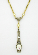 Victorian Style Linear Filigree 10x8 Crystal AB Cab Necklace