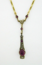 Victorian Style Linear Filigree 10x8 Amethyst Crystal Cab Necklace