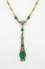 Victorian Style Linear Filigree 10x8 Emerald Crystal Cab Necklace