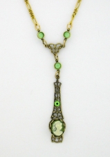Victorian Style Linear Filigree 10x8 Green Cameo Necklace
