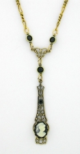 Victorian Style Linear Filigree 10x8 Black Cameo Necklace
