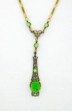 Victorian Style Linear Filigree 10x8 Peridot Crystal Cab Necklace
