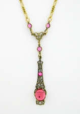 Victorian Style Linear Filigree 10x8 Pink Crystal Cab Necklace