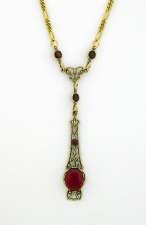 Victorian Style Linear Filigree 10x8 Ruby Crystal Cab Necklace