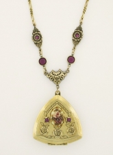 1928 Victorian Triangle Locket Necklace/24" - 2 Roses/Amethyst