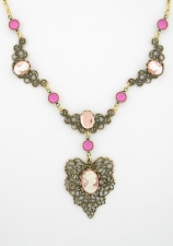 Victorian Filigree Cameo Bib Necklace - Pink